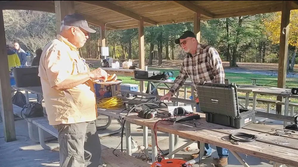 Setting up radio gear at a park pavilion