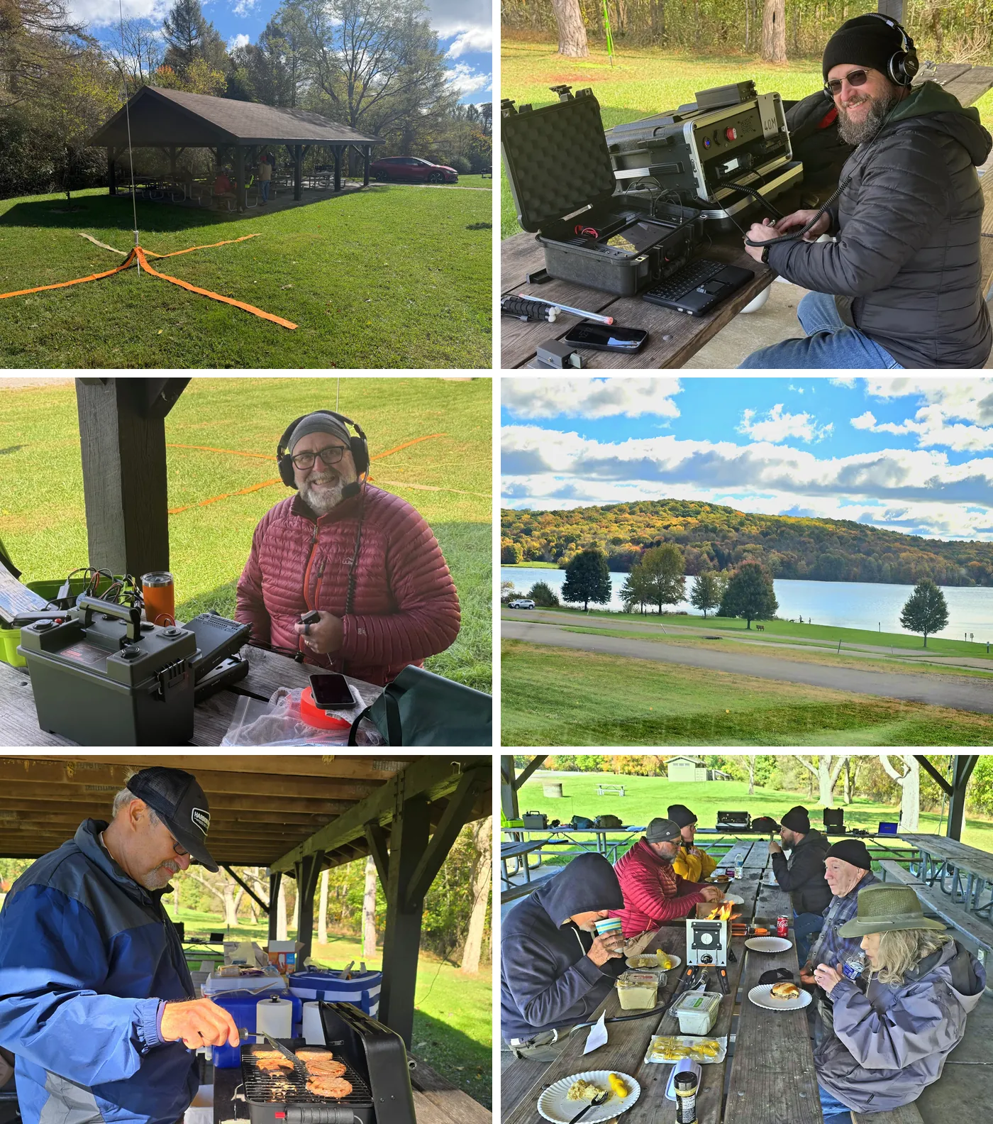 Scenes from the day: the vertical antenna beside the pavilion, operators at their portable stations, the lake, the grill and lunch